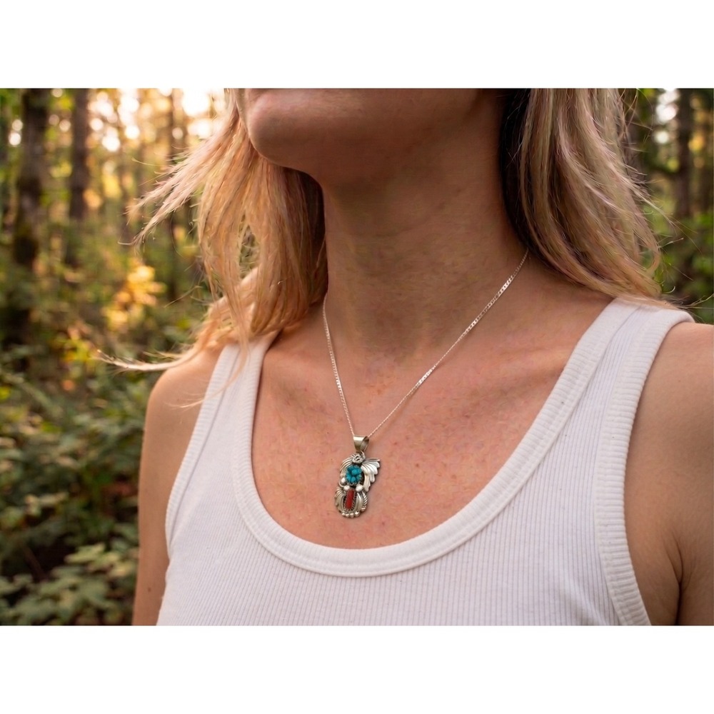 Navajo Kingman Turquoise & Coral Pendant 22" Mariner Necklace